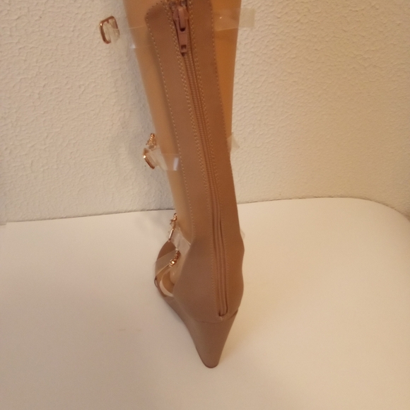 Shoe dazzle Tan Faux Leather Rhinestone Zip Gladiator 4 1/2" Wedge Heels sz 9 - Picture 4 of 16